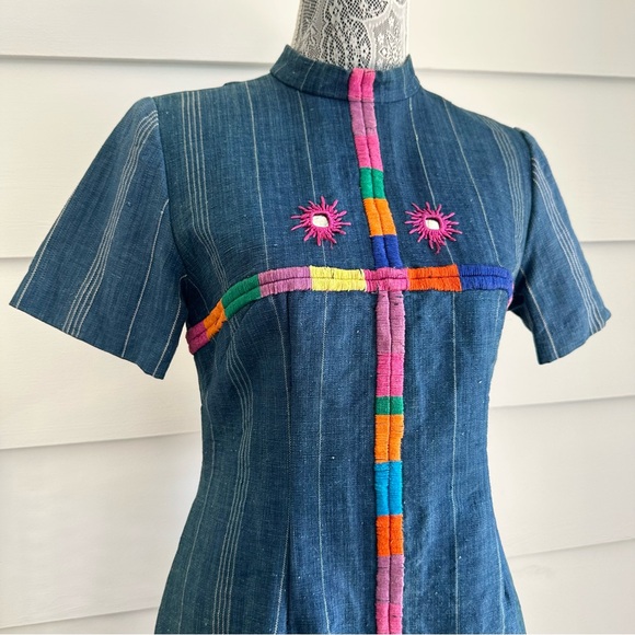 Vintage 1970s Indigo Stripe Embroidered Dress Boho Hippie 70s - Picture 2 of 9